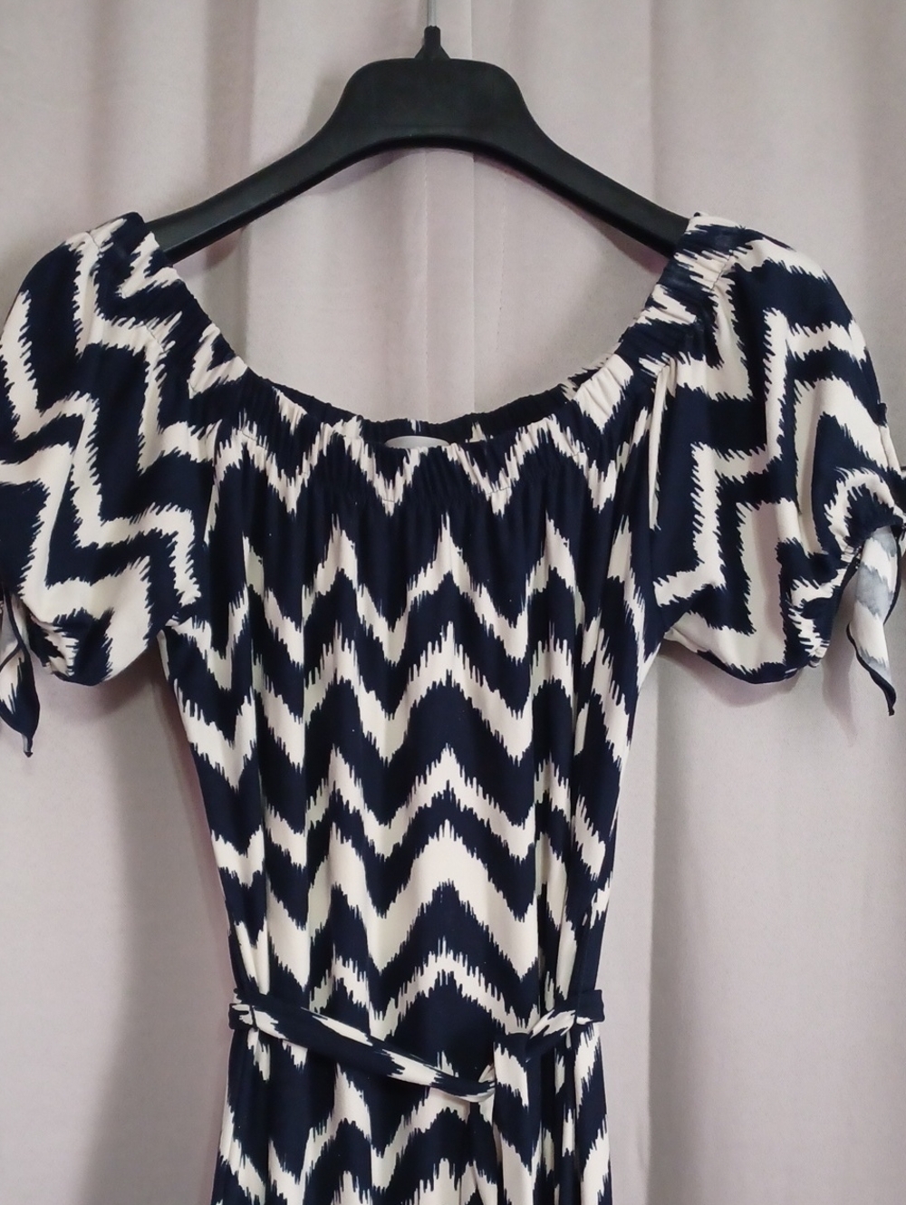 Allison Brittney Chevron Maxi Dress Elastic Off Shoulder Neck Tie Waist Stretch - Picture 3 of 14